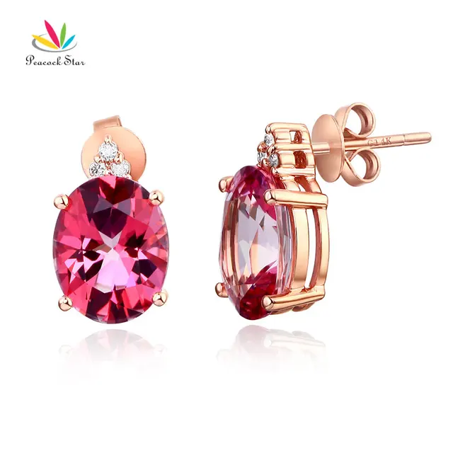 Pea Star 14k Rose Gold 3 5 Ct Oval Pink Topaz Earrings 0 07ct Pea Star 14k Rose Gold 3 5 Ct Oval Pink Topaz Earrings 0 07ct Natural Diamonds