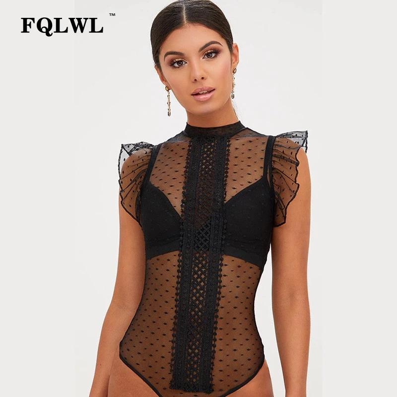 FQLWL Transparent Lace Bodysuit Sexy Top Body Femme Patchwork Bodycon Summer Jumpsuit Ruffle Sleeve Mesh Bodysuit Women Romper