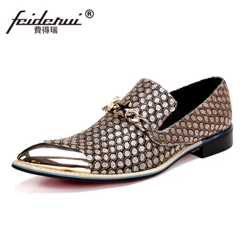 

Plus Size Gold Pointed Toe Slip on Man Loafers Luxury Genuine Leather Height Increasing Wedding Party Men's Runway Shoes SL11