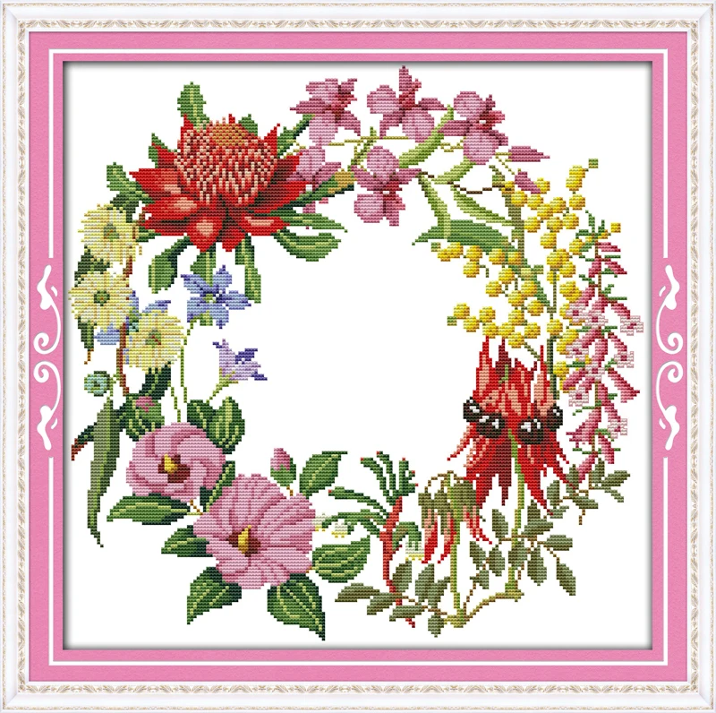 Garland Cross Stitch Kit Flower 14ct Printed Fabric Canvas Stitching