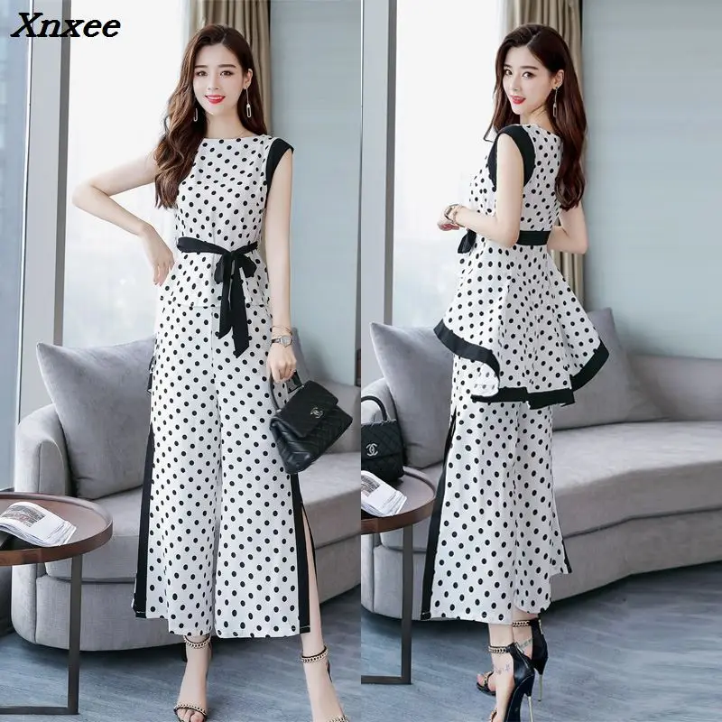 

Polka Dot Two Piece Set Top And Pants Sleeveless Palazzo Pants Ensemble Femme Deux Pieces Wide Leg Conjunto Feminino Woman Suit