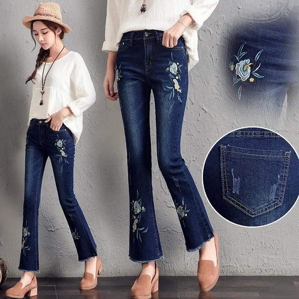 Dark blue Винтажные джинсы для студентов, женские новые обтягивающие джинсы, женские джинсовые брюки с вышивкой, узкие женские джинсы, женские брюки - Цвет: Dark blue