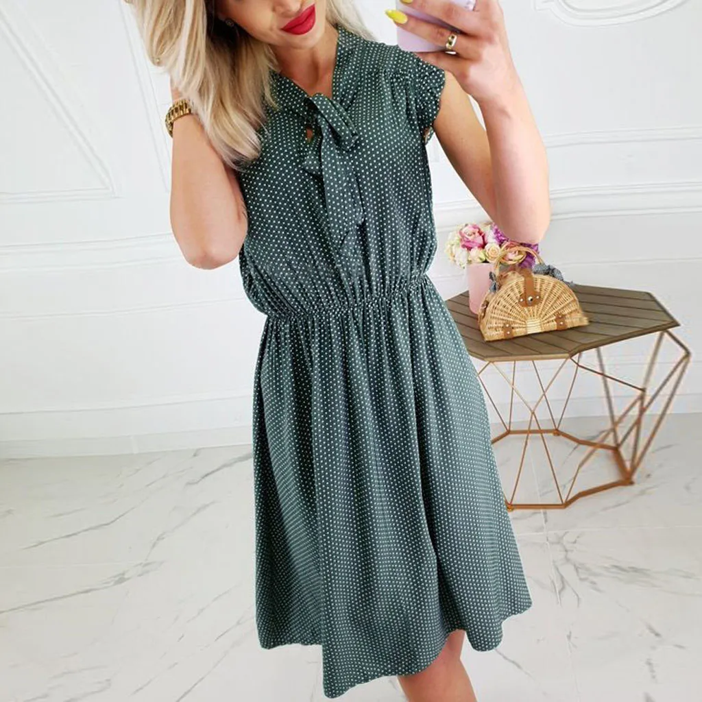 

Summer Print Dress 2019 Fashion Women Casual Ruffles Lace Up Bandage Dot Printed Mini Waist Dress Drop shipping 30