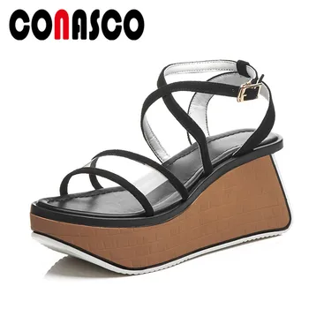 

CONASCO Summer New Fashion Sexy Kid Suede Women Sandals Pumps Brand Platforms Buckle Wedges High Heels Party Casual Shoes Woman