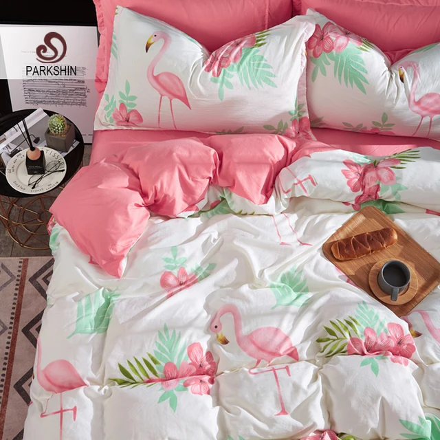 Parkshin Flamingos Bedding Set Pink Bed Sheets Set Decor Comforter