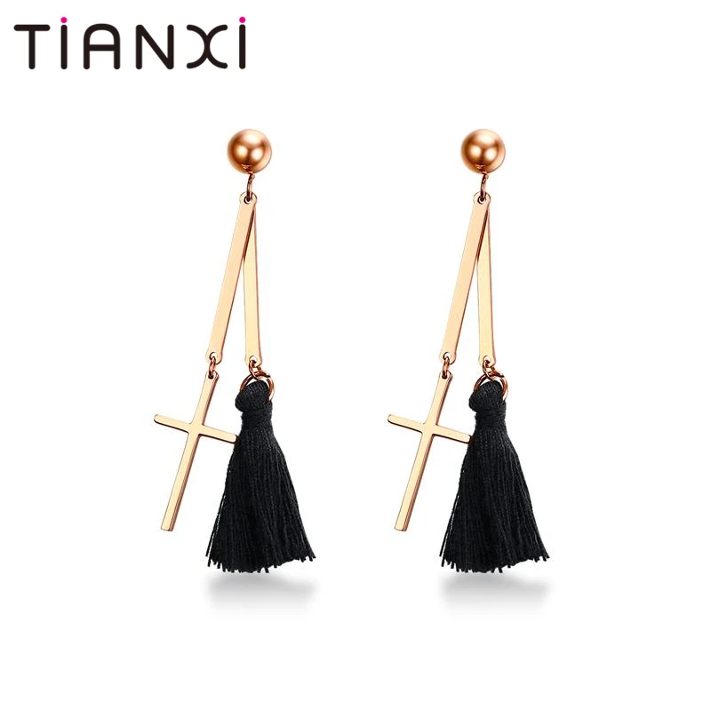 TIANXI New Fashion Gold Color Ear Line Earring Stainless Steel Cross Pearl Pendants Drop Earrings Women /Girl | Украшения и