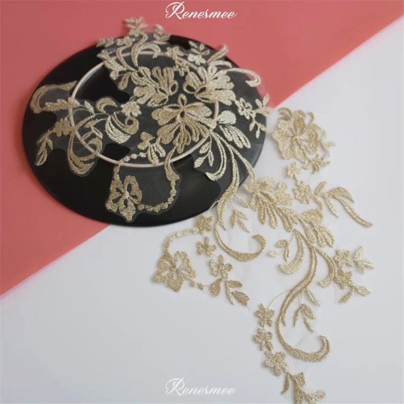 

1Pc Champagne Gold Venise Lace Trim Patch Soft Wedding Sewing Applique Crafts Lace Fabric For Wedding Dress 20X44cm SX310