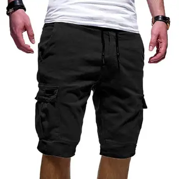 

2019 Summer Casual Men Solid Color Cargo Shorts Multi-Pockets Drawstring Fifth Shorts