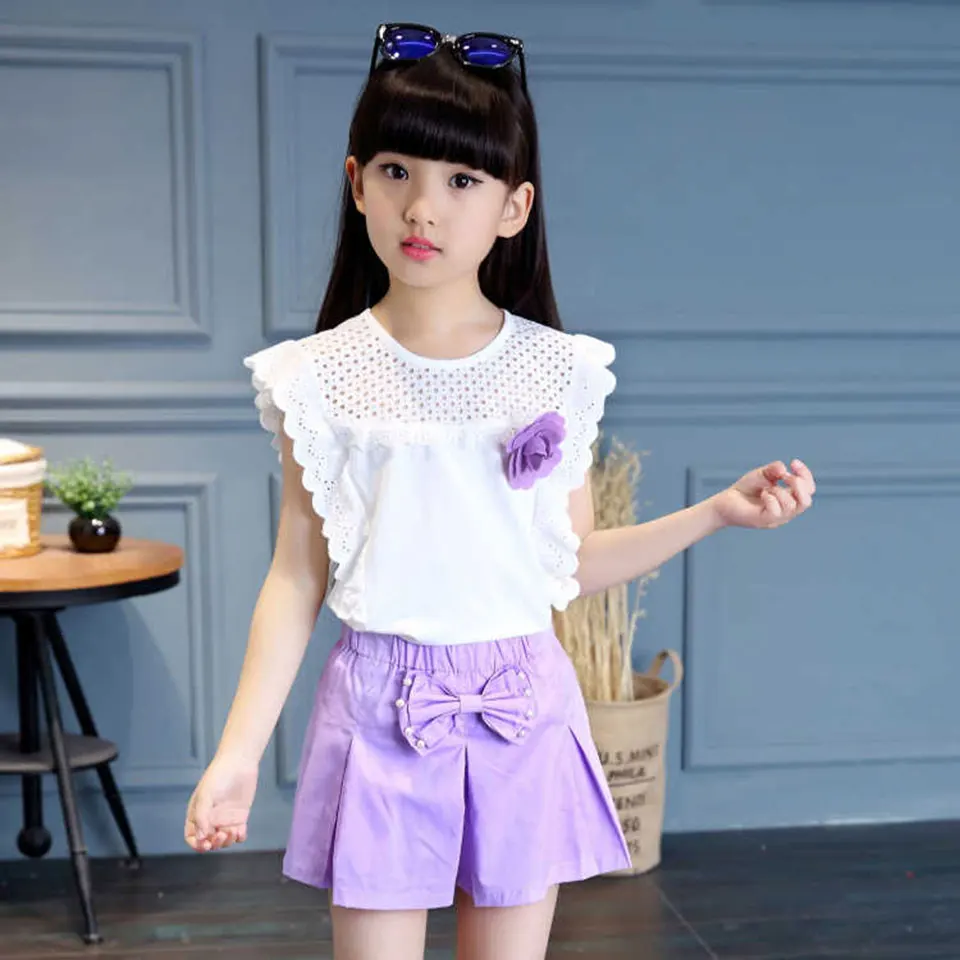 

Fashion Baby Summer Clothes Mid Big Child Girls Clothes Set t-shirt +Culottes 2 Colors Kids Baby Girl Summer Outfits Clothes