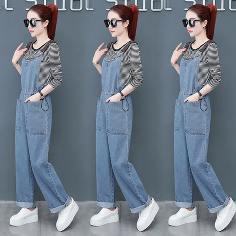 

2019 spring and autumn new fashion ladies Korean version of the loose large size retro denim wide leg bib two-piece suit