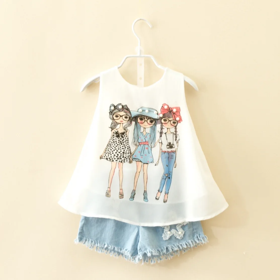 

BINIDUCKLING 2-7Years Girls Summer Sleeveless T-Shirt +Denim Jeans Shorts Set Clothes Cartoon Print Imitation Pearl Star Sets