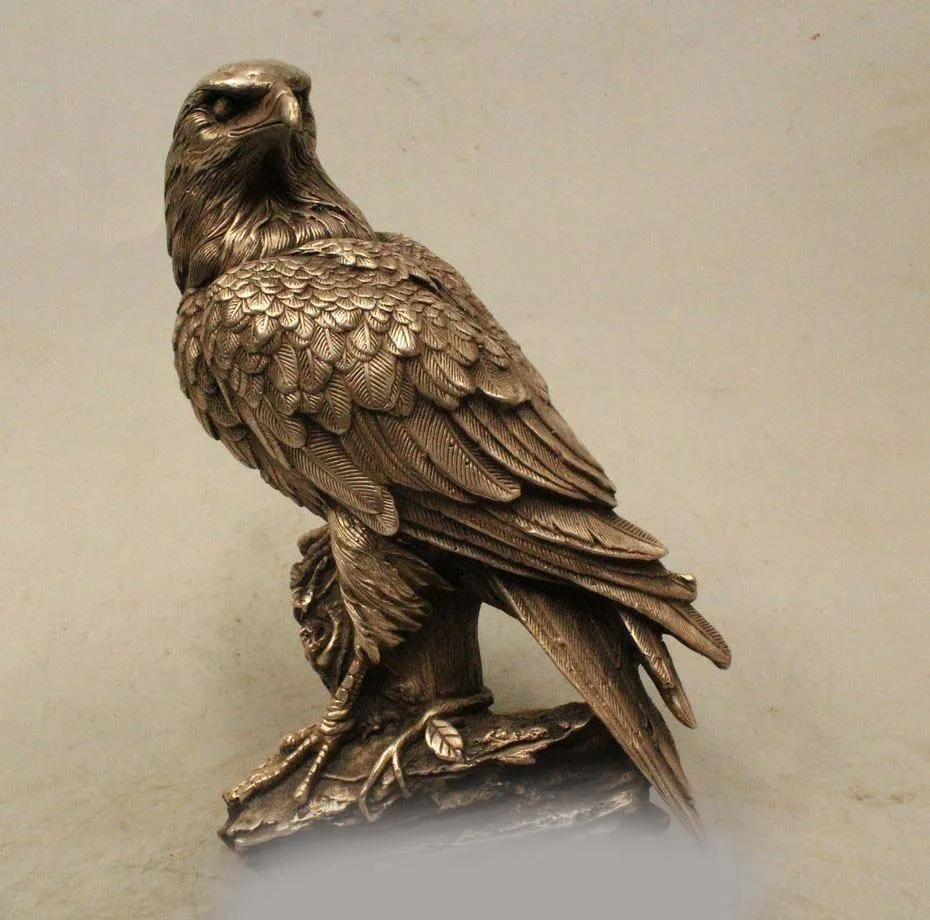 

9" Marked Ferocious Chinese Silver Arabia Hawk Eagle Bird Figures Statue