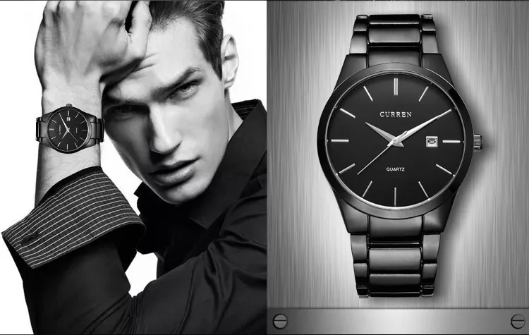 Черный Curren Лидирующий бренд бизнес мужские роскошные часы повседневные полностью Стальные наручные часы с календарем кварцевые часы relogio masculino