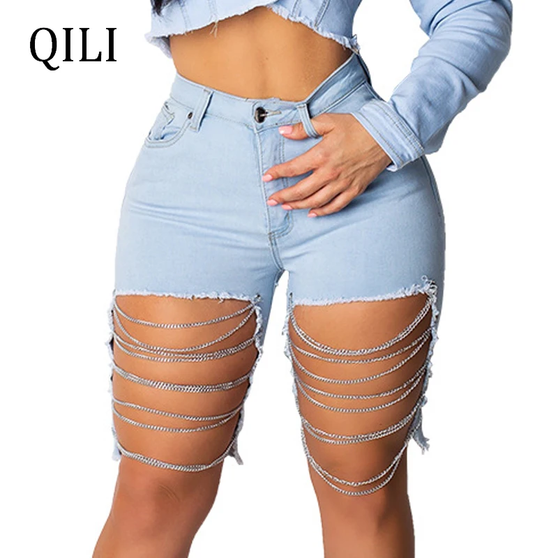 

QILI Women Jeans Sexy Hole Chain Fashion Summer Jeans Zipper Rear Pockets Skinny 1/2 Pants Black and Light blue 2019