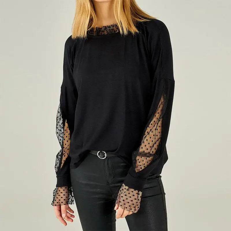 

Autumn T Shirt Women Long Sleeve Blusas Lace Patchwork Casual Tshirt Femme Fashion Work Camiseta Princesa Tee Mujer SJ3671X