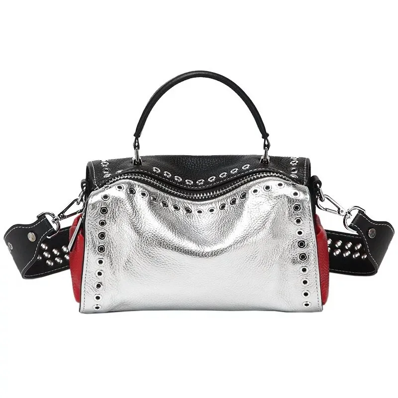 

2018 new luxury wide shoulder strap rivet hit color handbag shoulder Messenger Boston pillow handbag split leather Bolsos Mujer
