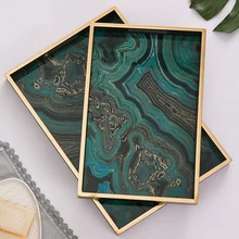 Rectange зеленый агатовый поднос Роскошные ювелирные изделия поднос украшение дома тарелки с золотой рамкой ручное стекло