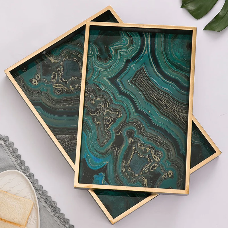 

Free shipping Rectange green Agate Tray Luxury Jewelry Tray Home Decoration Plates With Gold Frame Hand glass
