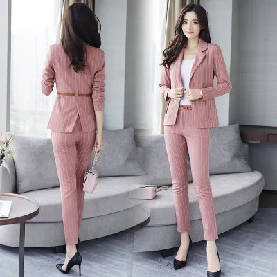Новая мода 2 шт. комплект Женские OL бизнес работа в офисе носить брючный костюм розовый полосатый топ+ Штаны женские костюмы - Цвет: 1