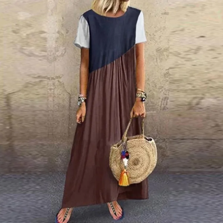 Lipswag 5XL, винтажное длинное платье с коротким рукавом, пэчворк, повседневное, свободное, размера плюс, Ретро стиль, макси платья, женское летнее пляжное платье с круглым вырезом - Color: 06 Brown