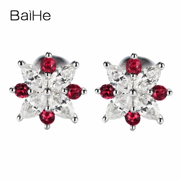 BAIHE Solid 14 К белого золота 0.38CT H/SI маркиза 100% из натуральной со стразами Свадебные Мода Fine Jewelry Элегантный серьги-гвоздики