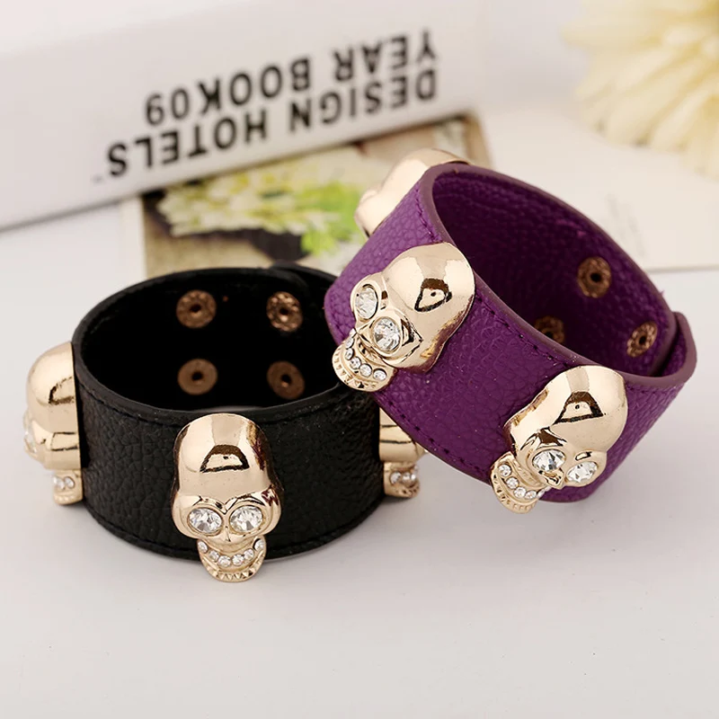 

Rock Spikes Cuff Bracelet For Women Gothic Gold Tone Rhinestones Skeleton Skull Punk Charms Wide Cuff Leather Bracelet Jewelry
