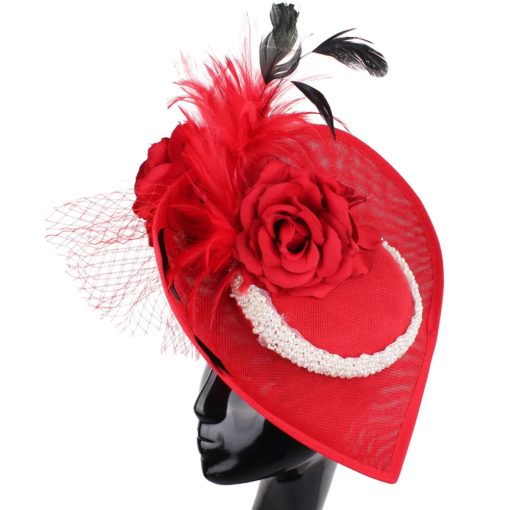 

red feathers fascinators wedding Party kenducky derby hats elegant women chapeau race headpieces headbands race fedora cap