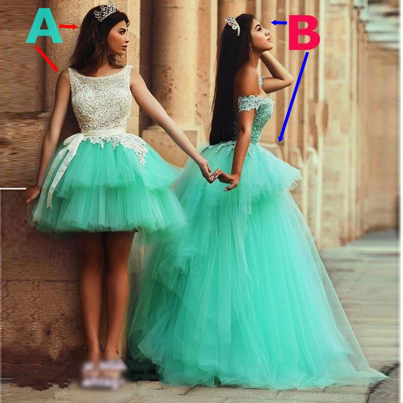 

2017 Fashion Mint Prom Dresses with Detachable Tulle Skirt Lace Cap Sleeve Scalloped Evening Dress Girls Gowns For Party Over