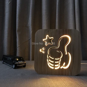 

LED wooden thumb up design hollow night lamp warm white light USB power supply as room club decoration or children's gifts