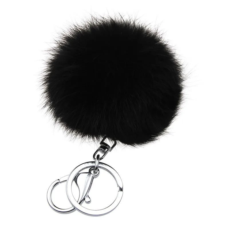Hot selling gift fur ball key chain black colors 8CM ball fur pom keychain porta chiavi silver