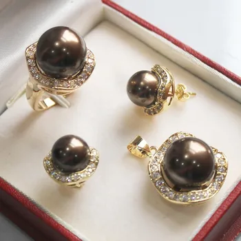 

Set 10mm &14mm brown Shell Pearl Earrings Necklace Ring size 7 8 9