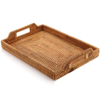 

HOT Rattan Woven Storage Fruit Basket Candy Snack Snack Plate Cutlery Tray With Breakfast Bed Bar Dinner Rectangular 14.5X10.2