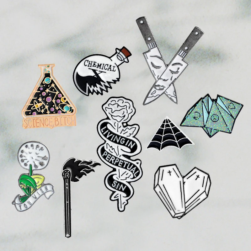 

Hot Sale Dagger Knife Matches Cobweb Flower Rose Heart Coffin Punk pins Enamel Brooch For Women Men Unisex Accessories