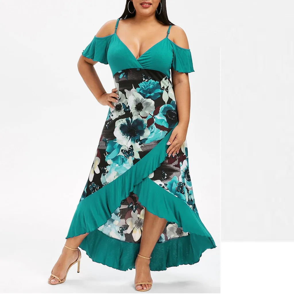 Женское летнее платье размера плюс 5XL с открытыми плечами, Цветочное платье на бретельках с цветочным принтом, Пляжное Платье M520