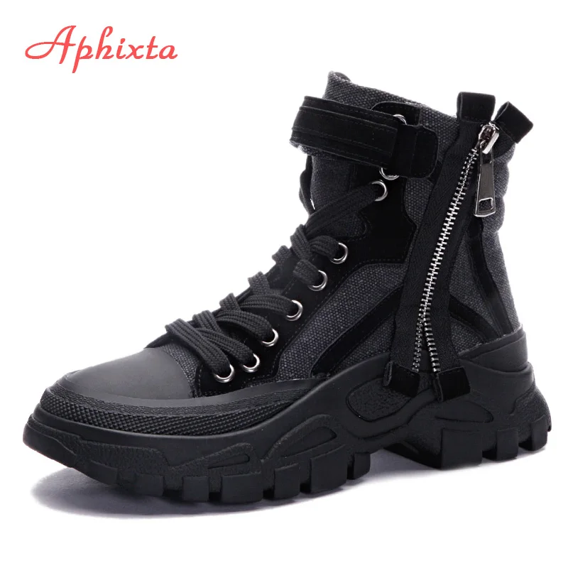 Aphixta/Замшевые парусиновые ботильоны на платформе; женская обувь для верховой езды на толстой подошве со шнуровкой; женские водонепроницаемые ботинки - Цвет: Black