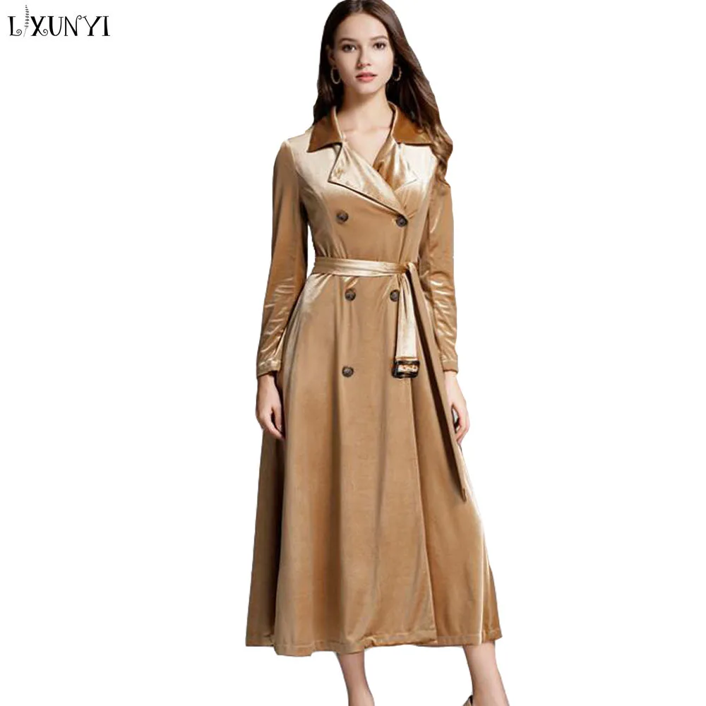 

2019 Spring Extra Long Velvet Trench Coat Women Solid Double Breasted Velvet Trench with Sash Kimono Windbreaker British Style