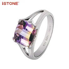 

iSTONE Ametrine Square Shape 925 Sterling Silver Rings Wedding Fine Jewelry Gift for Girl and Lover 100% Natural Gemstone