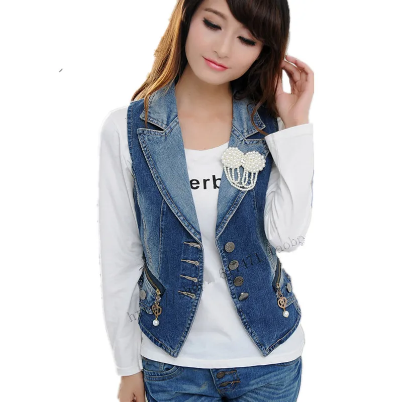 95Cotton Denim Vest Korean Fashion Beaded Slim Female Waistcoats Women