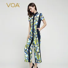 VOA Лето Новая мода Досуг печати широкие ноги комбинезон большого размера короткий рукав повседневные шелковые женские тонкие комбинезоны K6998