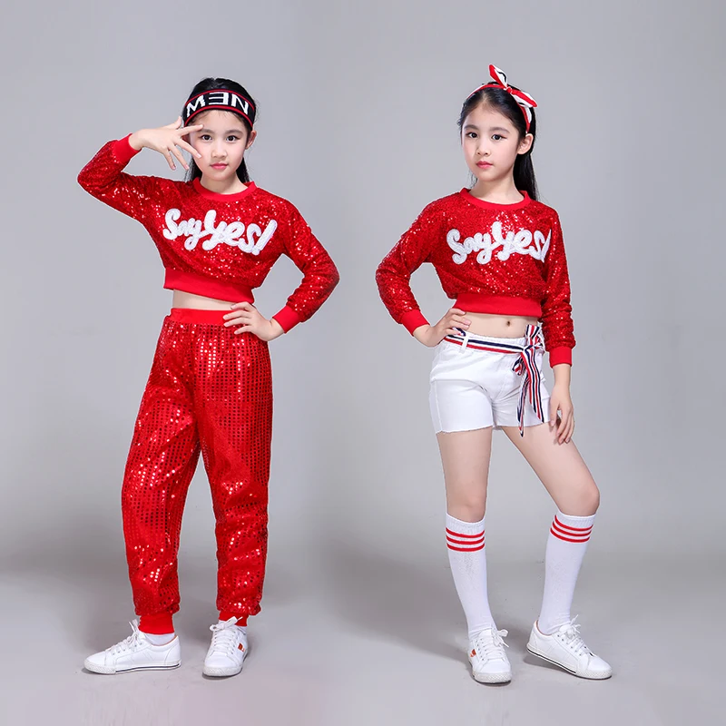 Long Sleeved Red Children Jazz Dance Costumes Sequins Girls Modern Hip