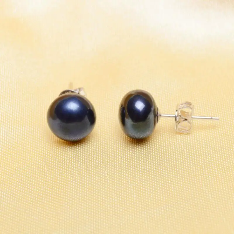 ASHIQI, винтажные серьги-гвоздики с черным натуральным пресноводным жемчугом, настоящее 925 пробы, серебряные серьги для женщин, модные ювелирные изделия - Цвет камня: 9MM