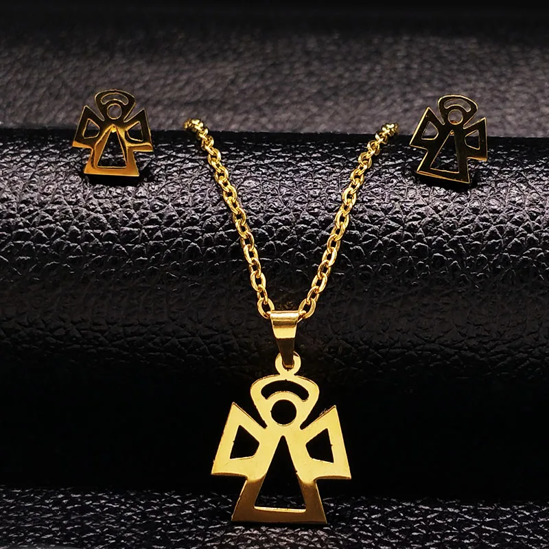 

Angel Stainless Steel Jewelry Set Women Gold Color Necklace Earrings Set Jewelry acero inoxidable collar y aretes set S176167