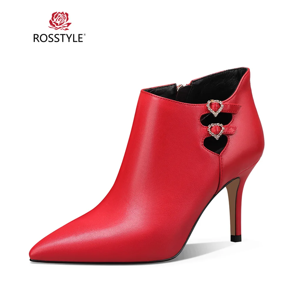 Top ROSSTYLE Winter Fashion Woman Ankle Boot High Quality Genuine Leather Short Boot Zipper Sexy Pointed Toe Thin Heel Warm Boot B33 2