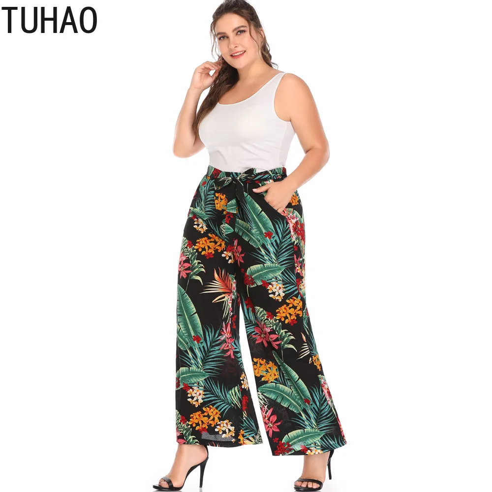 TUHAO большой размеры 4XL 5XL брюки для девочек для женщин печати чешские пляжные широкие брюки капри большой свободные летняя с высокой талией