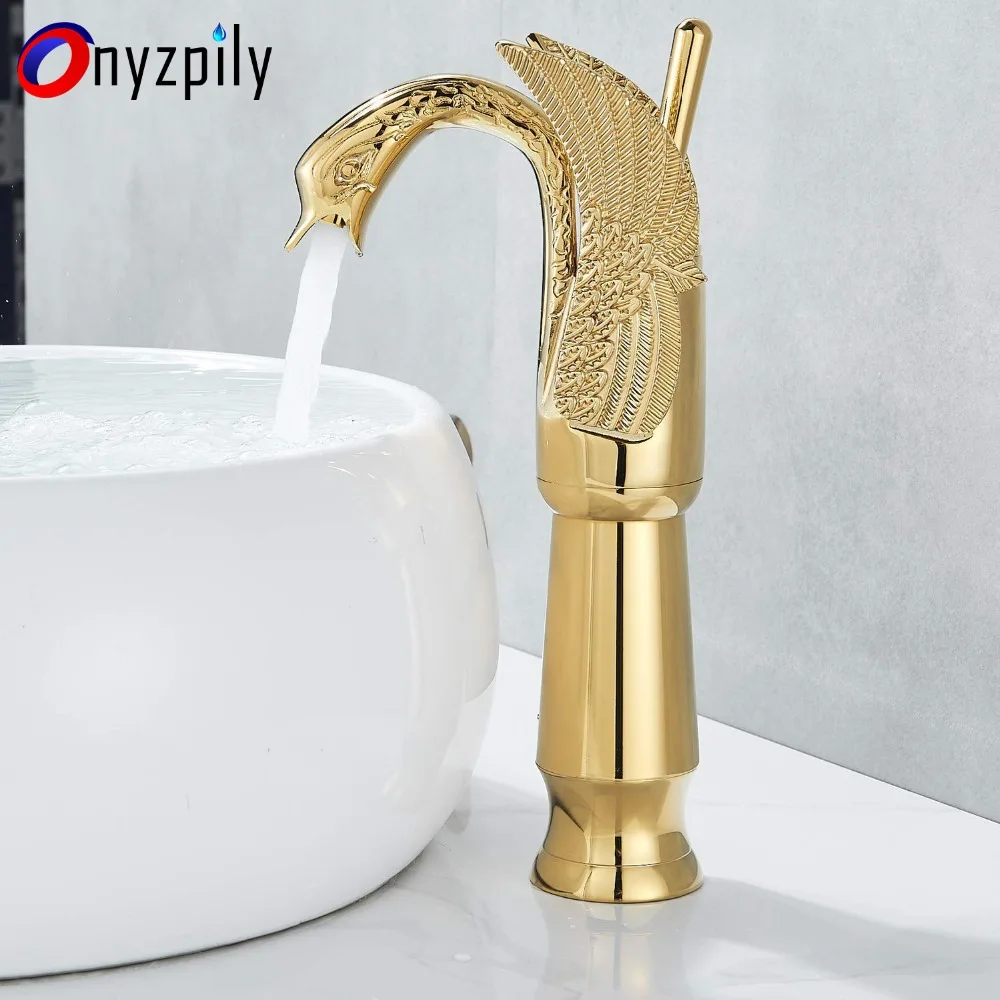 

Bathroom Basin Sink Vessel Tap Tall Body Swan Shape Gold Polished Two Wings Single Lever Spout Luxury Mixer Tap