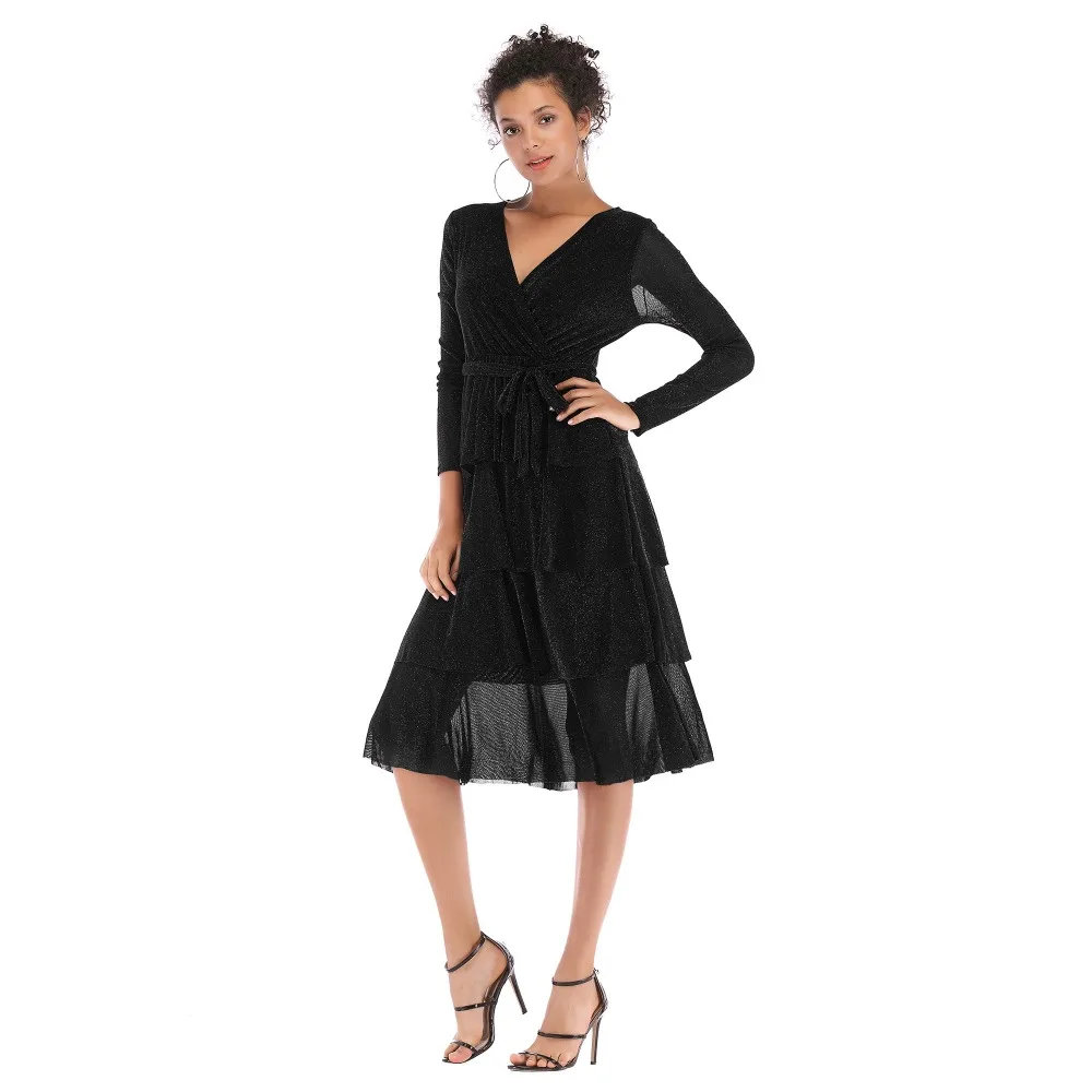 New Spring V-neck Lace Hem Long Sleeve Solid Elegant Lace Dress Women Fashion Dress Party Vestido