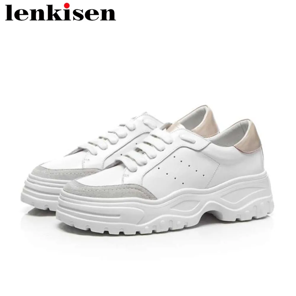 

Hot sale concise brand luxury round toe med bottom platform genuine leather light snreakers lace up vulcanized casual shoes L7f2