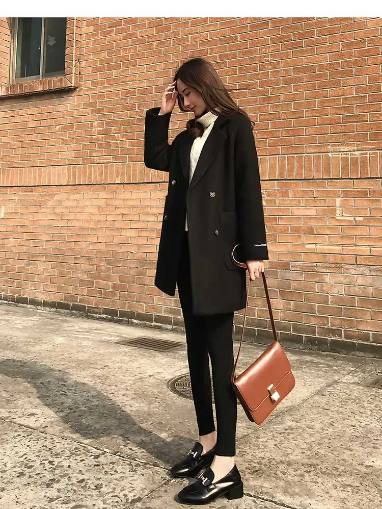 Шерстяное пальто женское длинное корейское Смешанное пальто осень зима новое двубортное повседневное свободное теплое шерстяное пальто для дам z45