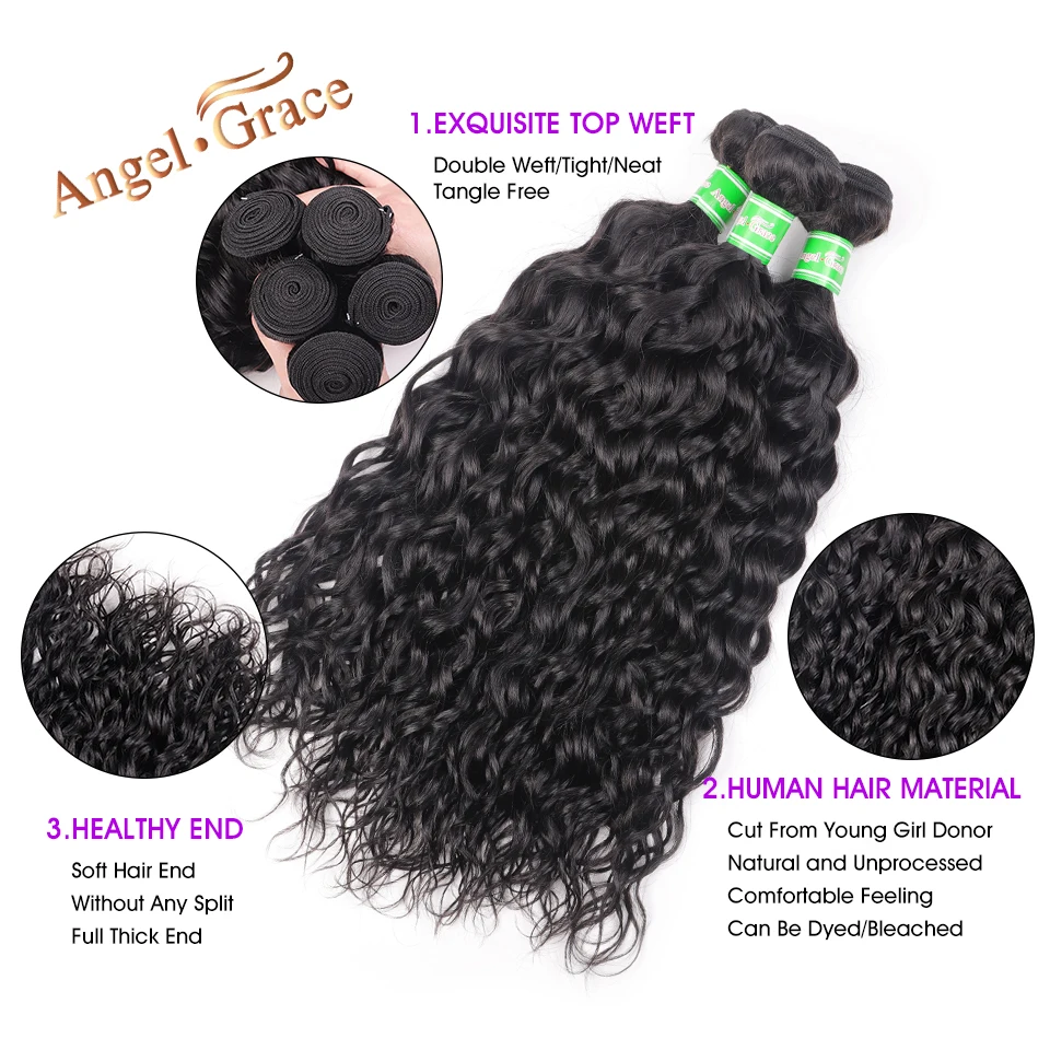 AngelGrace Hair Water Wave Bundles With Closure Remy Human Hair 3 Bundles With Closure Brazilian Hair Weave Bundles With Closure