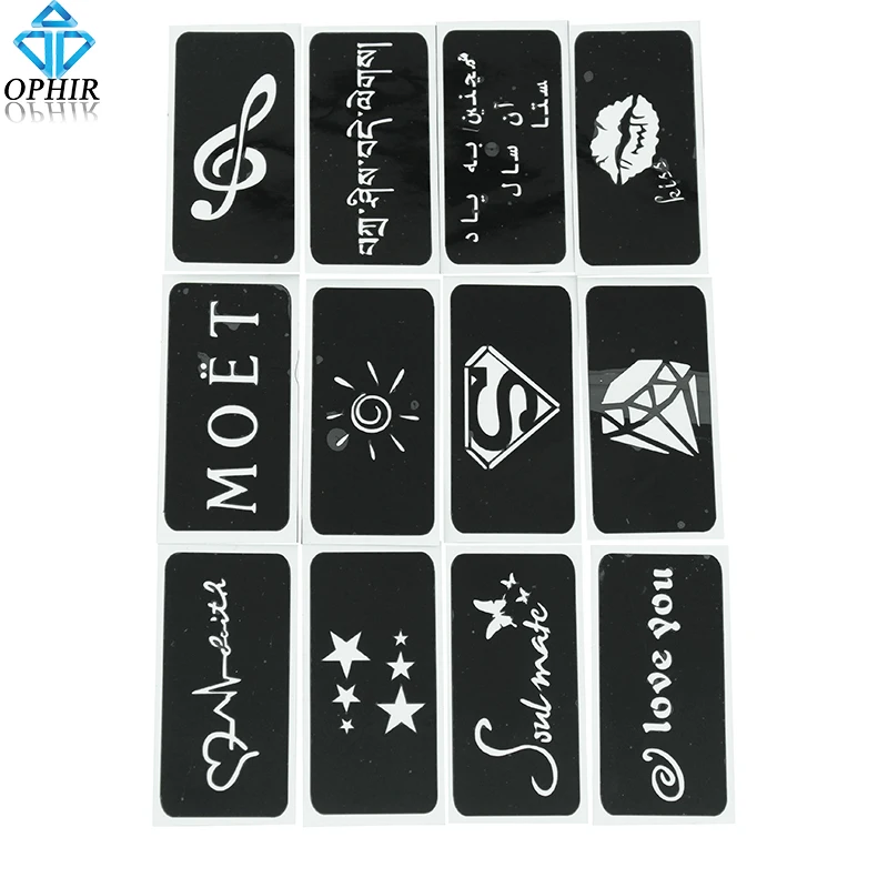 

OPHIR NEW 12x Reusable Airbrush Sheets Stencils for Body Painting Glitter Temporary Tattoo Kit 7cm x 3.5cm _TA101A